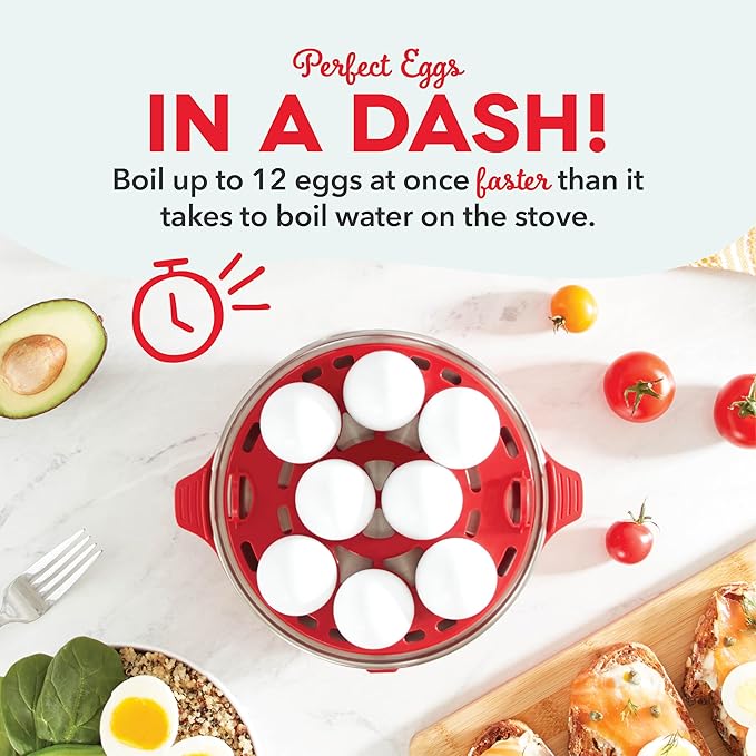DASH Deluxe Rapid Egg Cooker for Hard Boiled, Poached, Scrambled Eggs, Omelets, Steamed Vegetables, Dumplings  More, 12 capacity, with Auto Shut Off Feature - Red