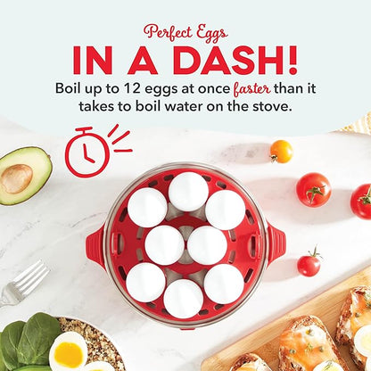 DASH Deluxe Rapid Egg Cooker for Hard Boiled, Poached, Scrambled Eggs, Omelets, Steamed Vegetables, Dumplings  More, 12 capacity, with Auto Shut Off Feature - Red