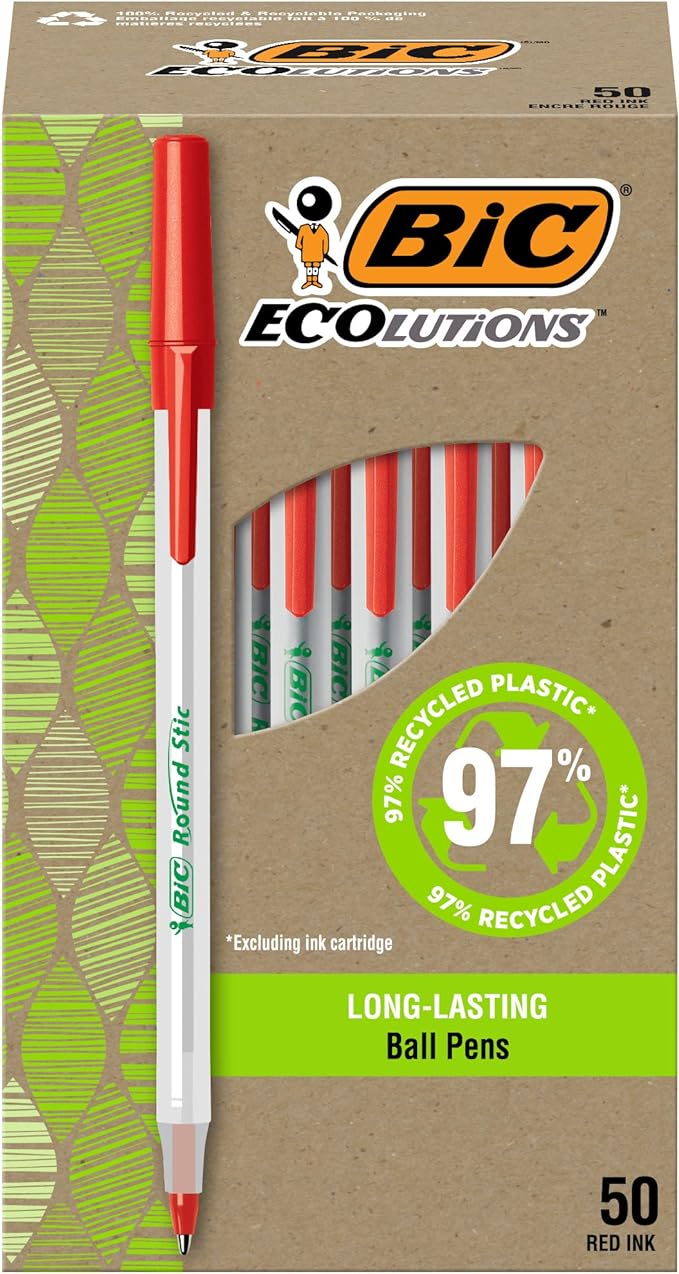 BIC Ecolutions Round Stic Ballpoint Pens, Medium Point (1.0mm), 50-Count Pack, Red Ink Pens Made from 97 Recycled Plastic