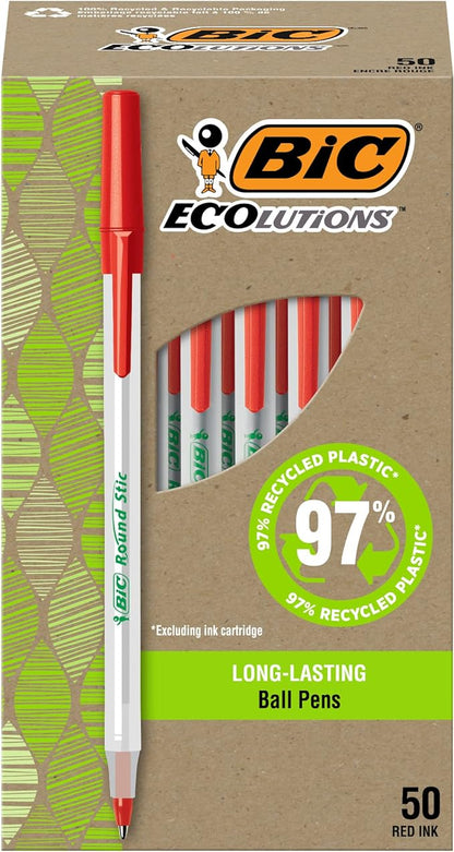BIC Ecolutions Round Stic Ballpoint Pens, Medium Point (1.0mm), 50-Count Pack, Red Ink Pens Made from 97 Recycled Plastic