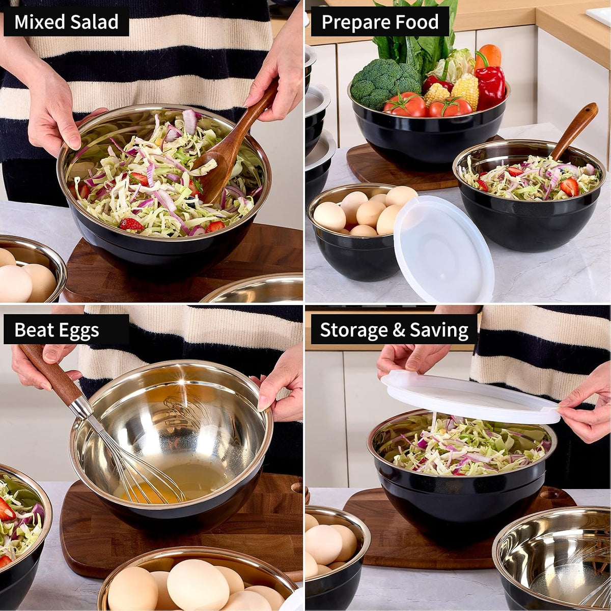 Blue Mixing Bowls with Lids Set of 7, Stainless Steel Nesting Bowl with Khaki Lid for Non-slip Mixing Prepping Storing Serving, 7 Sizes-7/3.6/2.7/2.1/1.5/1/0.8 QT