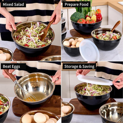 Blue Mixing Bowls with Lids Set of 7, Stainless Steel Nesting Bowl with Khaki Lid for Non-slip Mixing Prepping Storing Serving, 7 Sizes-7/3.6/2.7/2.1/1.5/1/0.8 QT