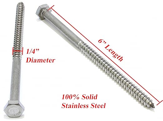 Bolt Dropper 14" x 6" Hex Head Lag Bolt Screws, (10 Pack), 304 (18-8) Stainless Steel Coach BoltsLarge Screws for Wood with Plain Finish