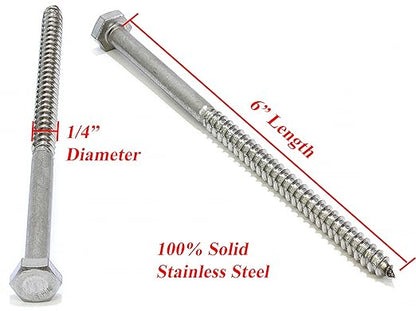 Bolt Dropper 14" x 6" Hex Head Lag Bolt Screws, (10 Pack), 304 (18-8) Stainless Steel Coach BoltsLarge Screws for Wood with Plain Finish