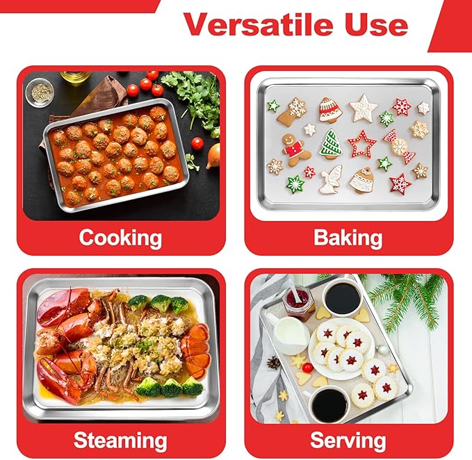 Stainless Steel Baking Sheet Cookie Tray, Cookie Sheet for Toaster Oven Baking Pan Tray, Jelly Roll Pan Size 16 x 12 x 1 Inch Easy Clean  Non-stick  Non-toxic  Dishwasher Safe