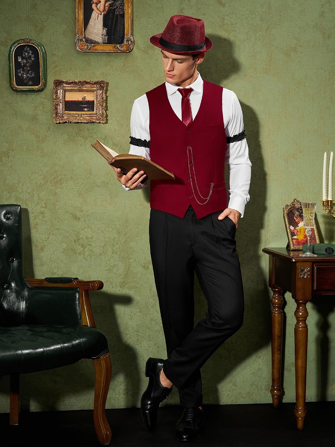 1920s Mens Costume,1920 Mens Outfit,Roaring 20s Costumes for Men,1920s Hat Vest Pocket Watch Suspenders Tie