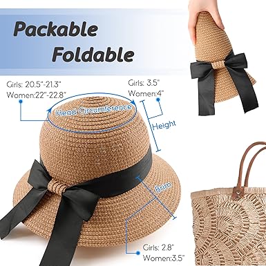 Zsedrut Women,Little Girls Straw Sun Hat Summer Beach Cap Foldable Visor Floppy Hats Wide Brim with Bowknot