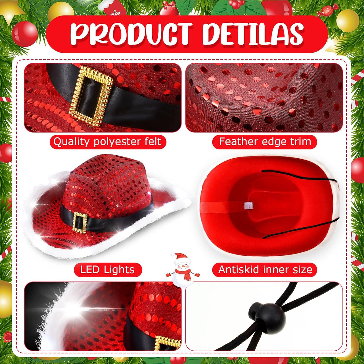 12 Pieces Light Up Santa Claus Cowboy Hats Set, LED Christmas Cowgirl Hat, White and Red Cowboy Hats(White Lights,Sequin Style)