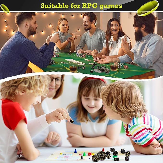 Civaner 15 Pcs Complete Polyhedral Dice Set D3-D100 Spherical RPG Dice Set in Opaque Black, 100 Sides for Role Playing Table Games Party Supplies(Black and Yellow)