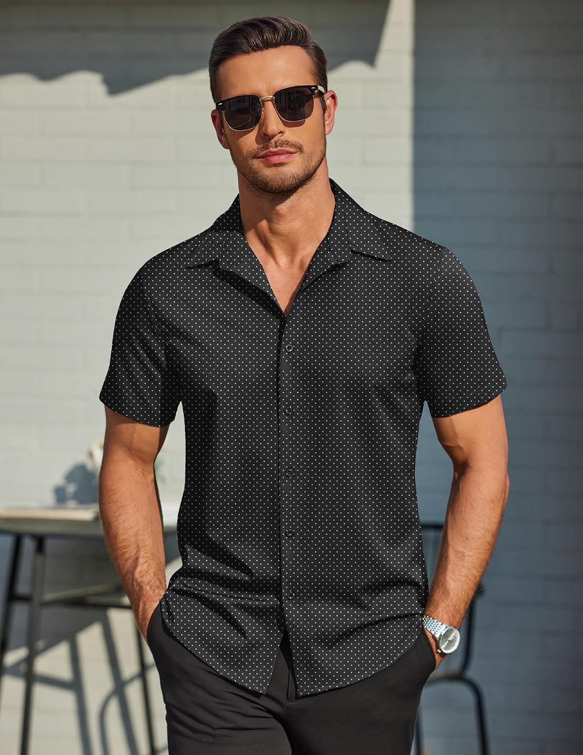 COOFANDY Mens Wrinkle Free Dress Shirt Polka Dot Short Sleeve Button Down Business Casual Shirts.