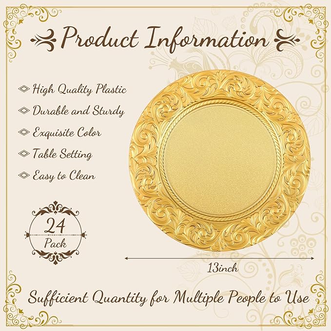 Uiifan Antique Charger Plates Bulk 13'' Plastic Embossed Dinner Plate Chargers Round Floral Plates for Wedding Decorative Chargers for Table Dinner Kitchen Party Decoration(Gold, 24 Pcs)