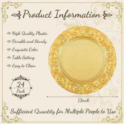 Uiifan Antique Charger Plates Bulk 13'' Plastic Embossed Dinner Plate Chargers Round Floral Plates for Wedding Decorative Chargers for Table Dinner Kitchen Party Decoration(Gold, 24 Pcs)