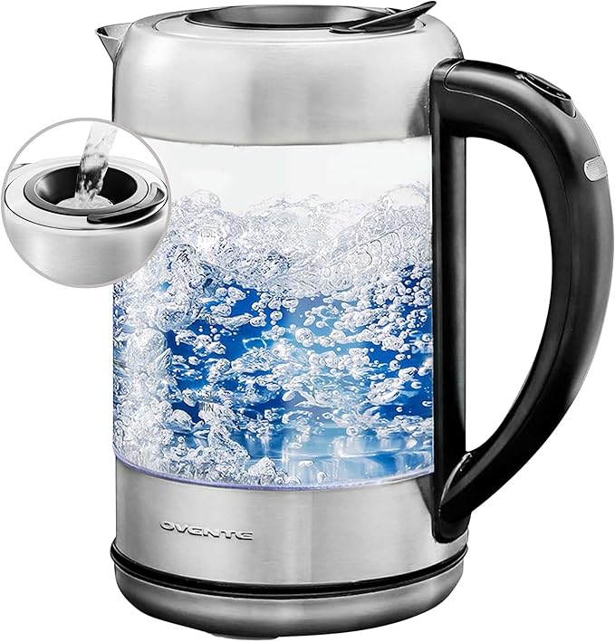 OVENTE Electric Kettle with 1.7L Borosilicate Glass, 1500W Instant Water Boiler and Heater for Coffee or Tea, BPA Free, Easy to Fill Lid, Auto Shut-Off and Boil Dry Protection, Silver KG6120S