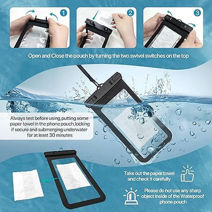 Waterproof Phone Case Small Pouch Beach Dry Bag with Cell Phone Hook Lanyard, Water Proof Phone Protector Gasbag Pouch, Underwater Snorkeling and Swimming Phone Airbag Clear Case (Black)