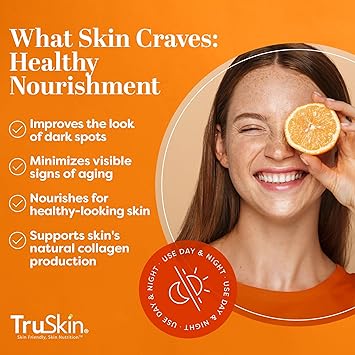 TruSkin Vitamin C Serum For Face  Anti Aging Formula with Vitamin C, Hyaluronic Acid, Vitamin E  Brightening Serum  Improve Appearance of Dark Spots, Tone, Fine Lines  Wrinkles, 1 Fl Oz