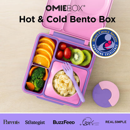 OmieBox Bento Box for Kids - Insulated Bento Lunch Box with Leak Proof Vacuum Insulated Food Jar - 3 Compartments, Two Temperature Zones (Unicorn Pink)