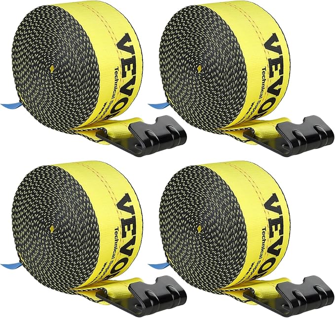 VEVOR Truck Straps, 4" x 30' Heavy Duty Tie Down w/Flat Hooks 18,000lbs Break Strength, WLL# 6000lbs, Cargo Straps tie Down for Flatbeds, Trucks, Trailers, Farms, Rescues, Tree Saver, Yellow(4 Pack)