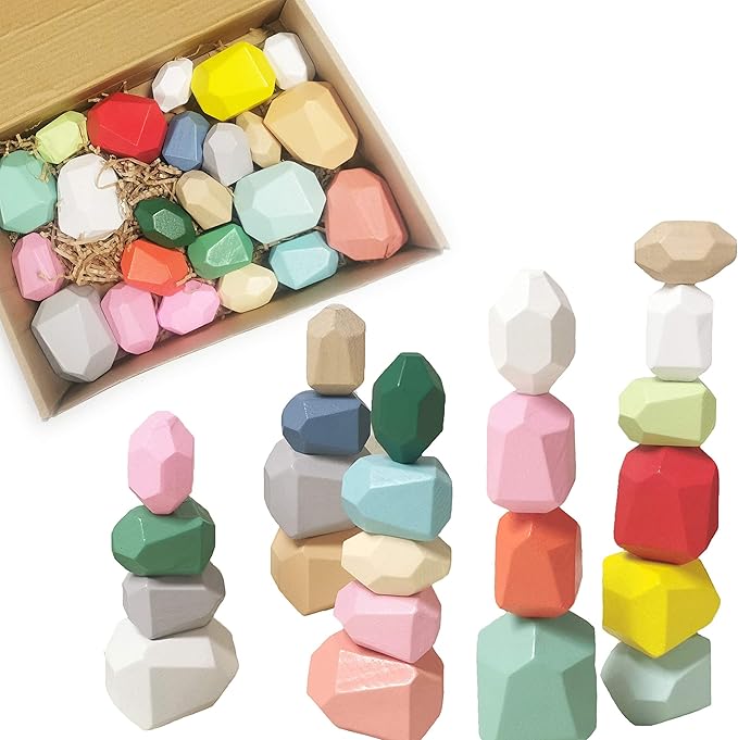 Wooden Stacking Toys Stone Stacking Game Colored Wooden Stones Rock Blocks Wooden Balancing Blocks Educational Stacking Building Toys for Kids Ages 3-5 (14PCS)
