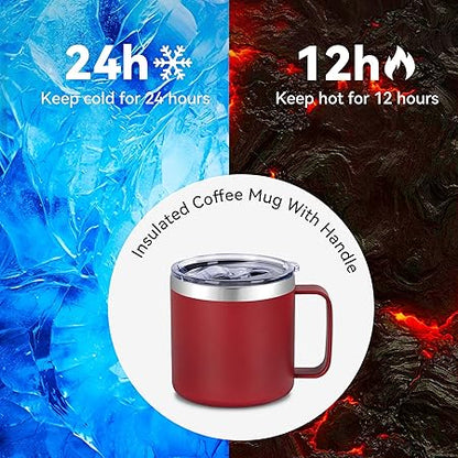VEGOND 14 oz Insulated Coffee Mug with Handle, Stainless Steel Travel Coffee Mug with Lid, Double Wall Vacuum Metal Coffee Cup, Coffee Tumbler Powder Coated, Red 1 Pack