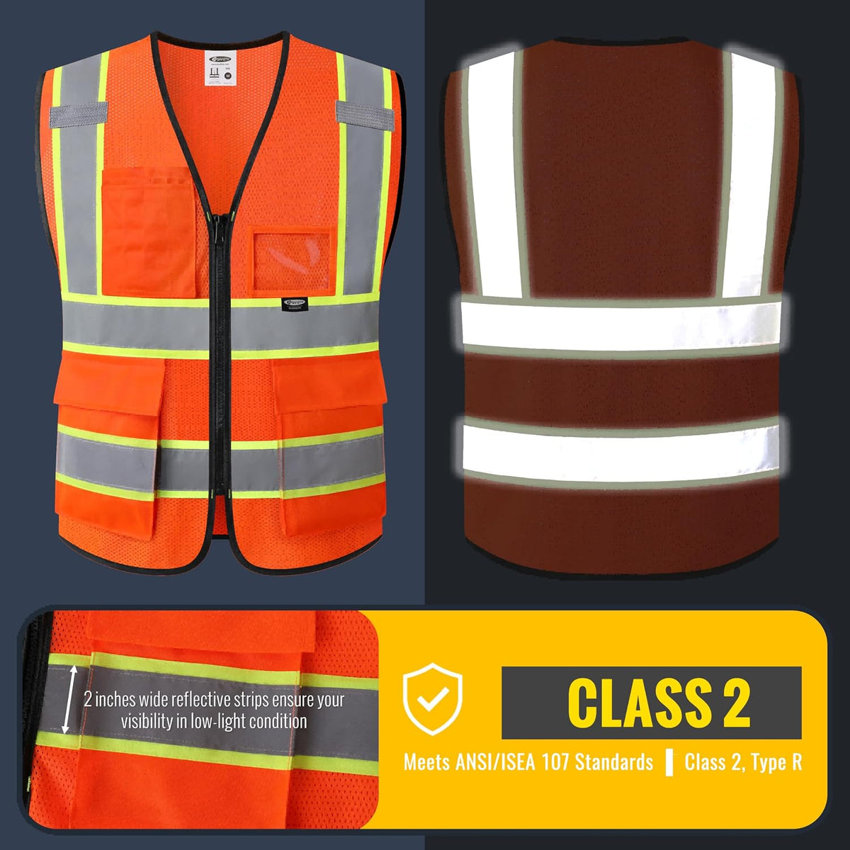 Safety Vest for men women Hi Vis Vest with Pockets and Zipper Class 2 High Visibility Meet ANSI Standard?BX320)