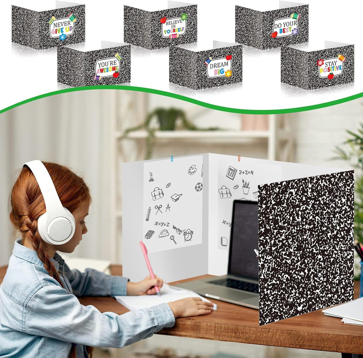 24 Pcs Composition Privacy Folders Standard for Students Cardboard Shields Test Privacy Boards Inspirational Words Desk Dividers Shield for Classroom School Study Supplies (Black)