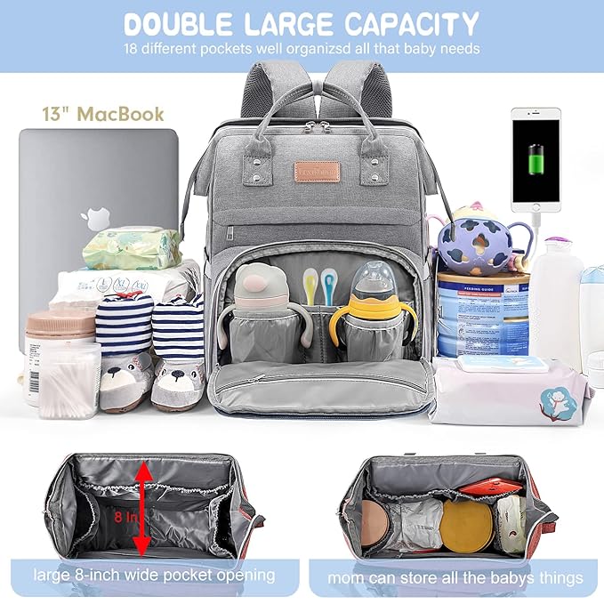 Diaper Bag Backpack, Large Capacity Multifunction Baby Bag for Boy Girl, Travel for Moms Dads, Baby Registry Search Shower Gifts Waterproof and Stylish Gray