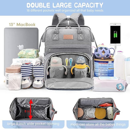 Diaper Bag Backpack, Large Capacity Multifunction Baby Bag for Boy Girl, Travel for Moms Dads, Baby Registry Search Shower Gifts Waterproof and Stylish Gray