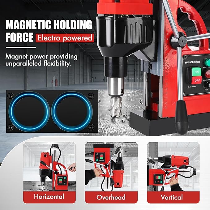 Mag Drill Press, 1100W 550RPM Portable Magnetic Drill Press, Magnetic Core Electric Drilling Machine for Metal Working,14Pcs Annular Cutters Drilling Bits,Red