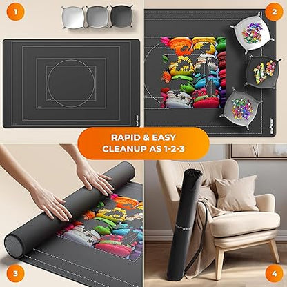 Newverest Jigsaw Puzzle Mat Roll Up, Saver Pad 55 x 35.5 Portable Keeper Up to 3000 Pieces with Non-Slip Rubber Bottom and Polyester Top  3 Puzzle Sorting Trays, Travel-Friendly Storage Bag