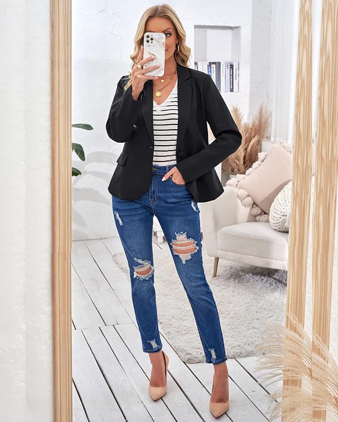 LookbookStore Womens Notched Lapel Pockets Button Work Office Blazer Jacket Suit