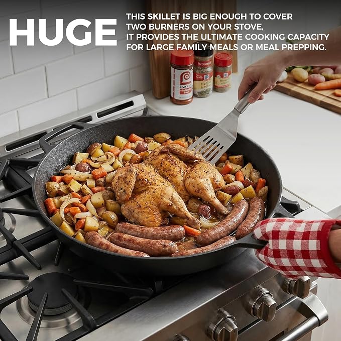 EDGING CASTING Pre-Seasoned Large Cast Iron Skillet 17 Inch, Dual Handle Outdoor Camping Frying Pan, Pizza Pan, Use for Grill, Stovetop, Induction, Oven Safe Cookware
