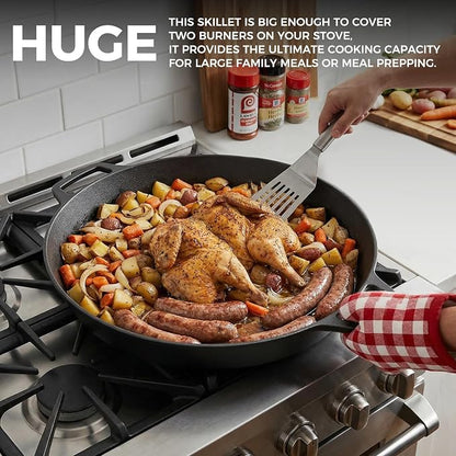 EDGING CASTING Pre-Seasoned Large Cast Iron Skillet 17 Inch, Dual Handle Outdoor Camping Frying Pan, Pizza Pan, Use for Grill, Stovetop, Induction, Oven Safe Cookware
