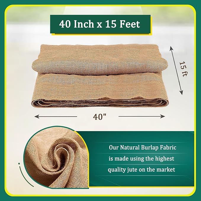 Burlap for Gardening 40" x 15 Feet - Multipurpose Natural Burlap Fabric - High Density Jute Fiber Suitable for Weed Barrier, Frost Guard for Gardening, Home Decorations and Crafts