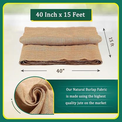 Burlap for Gardening 40" x 15 Feet - Multipurpose Natural Burlap Fabric - High Density Jute Fiber Suitable for Weed Barrier, Frost Guard for Gardening, Home Decorations and Crafts