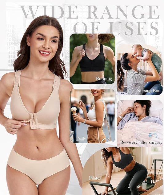 DotVol Women's Front Closure Wireless Adjustable Wide Strap Post-Surgery Everyday Bra