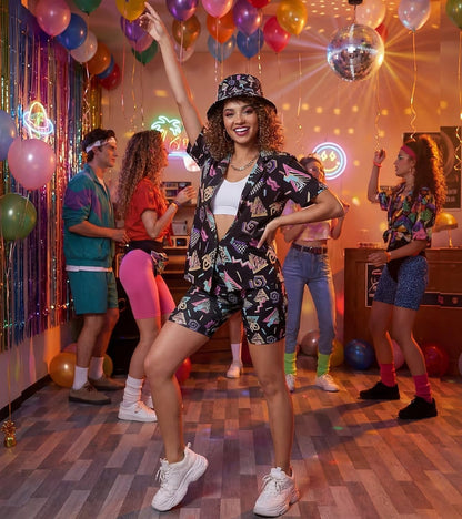 90s Outfit for Women Retro Theme Party Disco Outfit Hip Hop Costume Button Up overall long Sleeve 6PCS