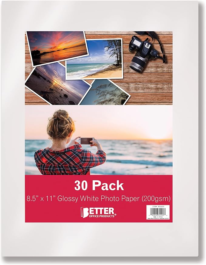 Better Office Products Glossy Photo Paper, 8.5 x 11 Inch, 30 Sheets, 200 gsm, Letter Size, 23-Count Pack