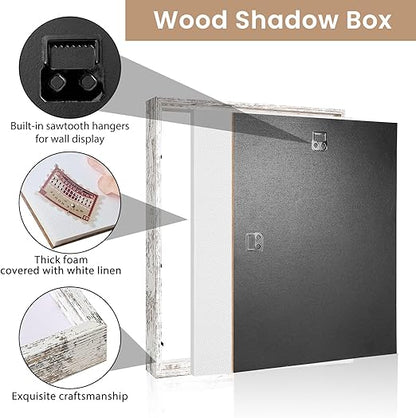 Califortree 12x16 Large Shadow Box Frame with Soft Linen Back - Metal Push Pins Included, Memory Shadow Box Display Case for Bouquet Awards Medals Wedding Photos and More, Rustic White