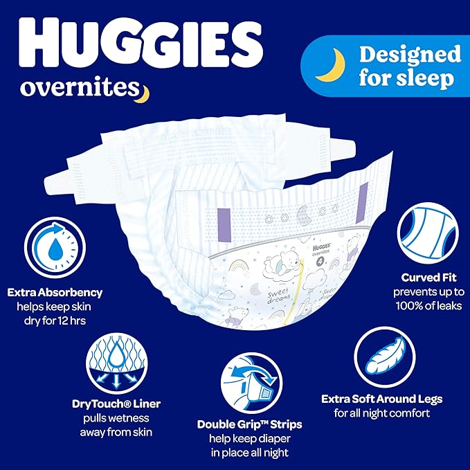 Huggies Overnight Diapers Size 4 (22-37 lbs), 52 Ct, Huggies Overnites Nighttime Baby Diapers