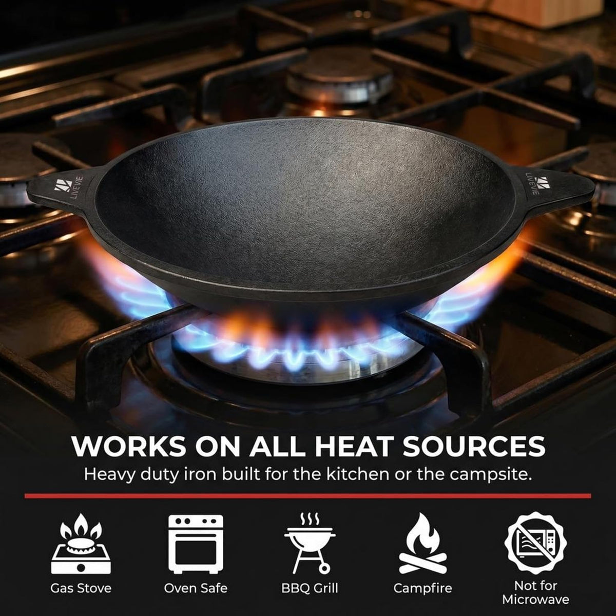 LIVEVIE Cast Iron Appam Pan, 8.5 inch Pre-Seasoned, Rough Surface, Works on Gas, Oven, BBQ & Campfire, Non-Toxic Heavy Duty Pan for Appam, Pancakes, Crumpets, Eggs & More