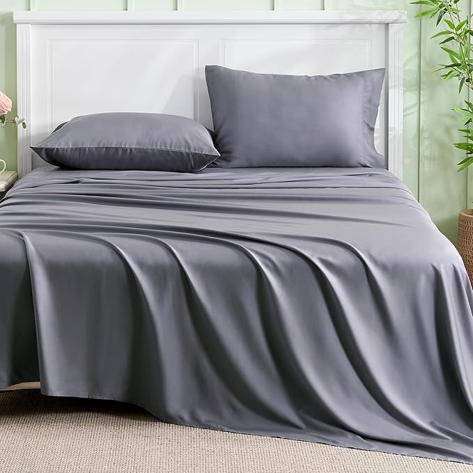 INFIIXSO Full Sheet Set Grey - 100 Rayon Derived from Bamboo, 4 Pieces Cooling Sheets Set, Deep Pocket up to 16", Soft Silky Luxury Bedding Sheets  Pillowcases