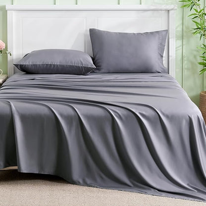 INFIIXSO Full Sheet Set Grey - 100 Rayon Derived from Bamboo, 4 Pieces Cooling Sheets Set, Deep Pocket up to 16", Soft Silky Luxury Bedding Sheets  Pillowcases