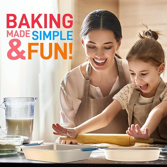 NutriChef 6-Piece Nonstick Bakeware Set - Premium Carbon Steel Baking Trays wHeat-Safe Silicone Handles - Includes Loaf Pan, MuffinCupcake Pan, Round  Square Roaster Pans, Cookie Sheet - NCSBSG36