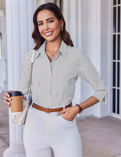 Women Button Down Shirts 3/4 Sleeve Basic Business Dress Shirt Slim Fitted Classic V Neck Button Up Work Blouse Tops