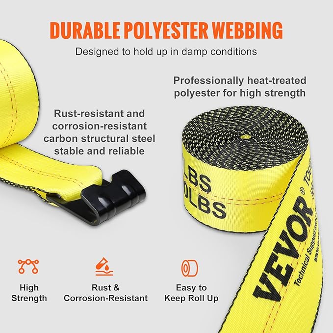 VEVOR Truck Straps, 4" x 30' Heavy Duty Tie Down w/Flat Hooks 18,000lbs Break Strength, WLL# 6000lbs, Cargo Straps tie Down for Flatbeds, Trucks, Trailers, Farms, Rescues, Tree Saver, Yellow(4 Pack)
