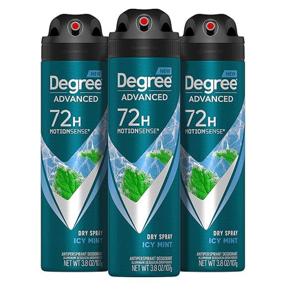 Degree Men Advanced Antiperspirant Deodorant Dry Spray Icy Mint 3 Count 72-Hour Sweat and Odor Protection Deodorant For Men With MotionSense Technology 3.8 oz