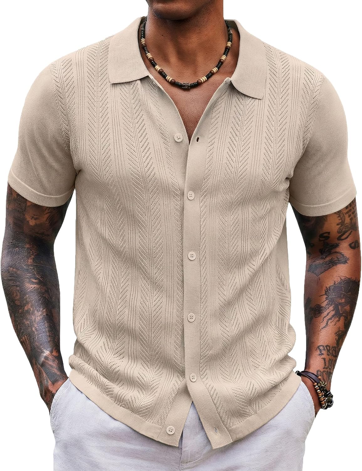 COOFANDY Men's Knit Shirt Short Sleeve Button Down Shirts Vintage Casual Summer Beach Shirts