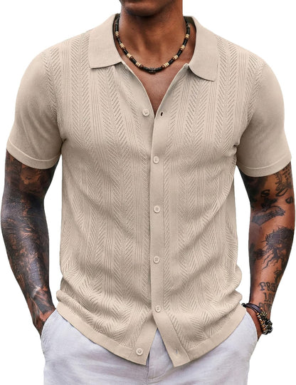COOFANDY Men's Knit Shirt Short Sleeve Button Down Shirts Vintage Casual Summer Beach Shirts