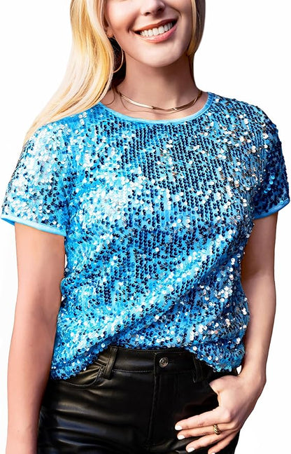 Anna-Kaci Women's Sparkly Sequin Top Short Sleeve Glitter Concert Party Disco Shirt Blouse