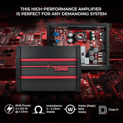 DS18 CANDY-X4B Car Amplifier 4-Channel Class D, 1600W Peak Power RMS, 4 x 120W at 4 Ohm, 4 x 200W at 2 Ohm, and 2 x 350W at 4 Ohm Bridge - Compact Size, fits into Any Vehicle